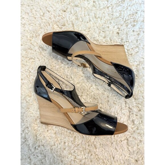 Tods Two Tone Patent Leather Wedge Heels 39 NWOB New Black Tan - Picture 1 of 6